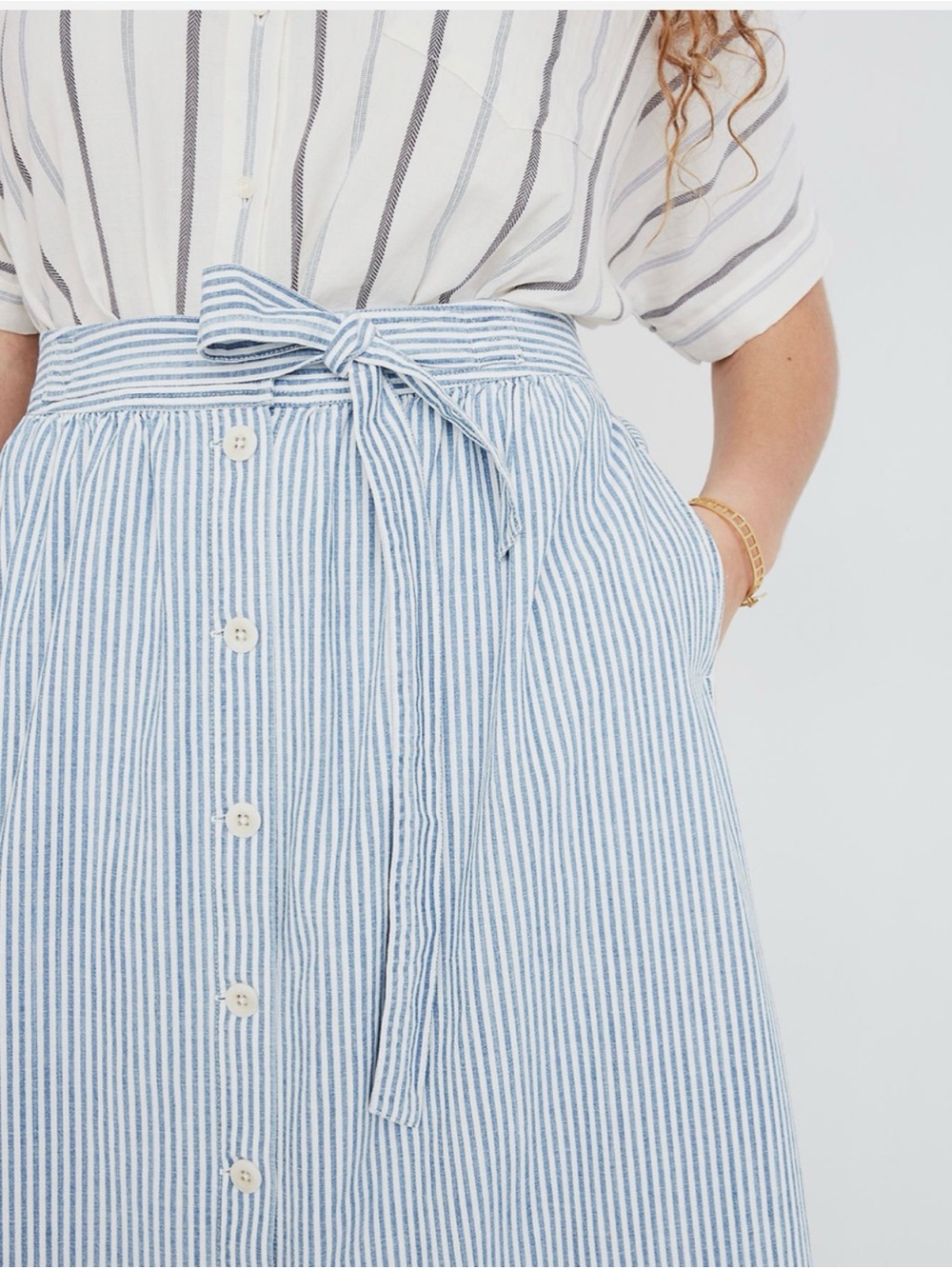 Madewell Blue and White Striped Button-Front Midi Skirt with Waist Tie